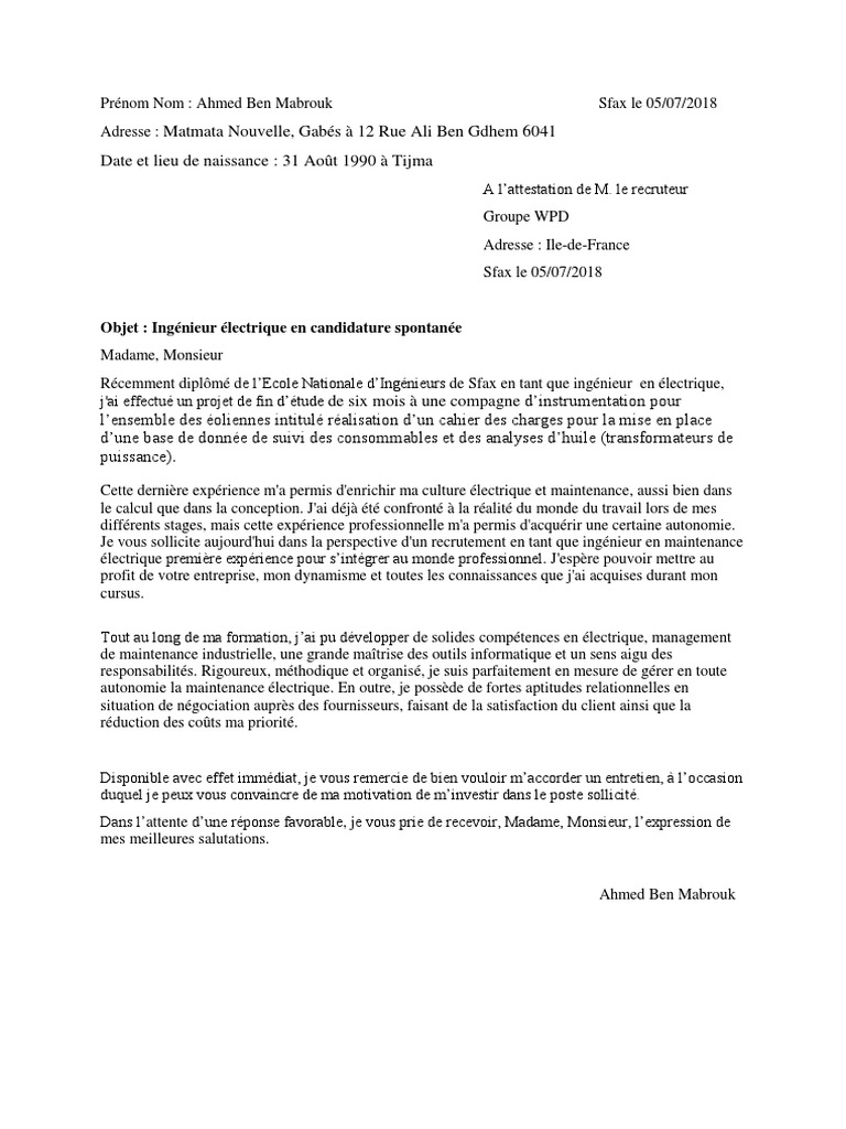 Lettre de Motivation Ahmed Ben.mabrouk PDF Ingénieur Motivation