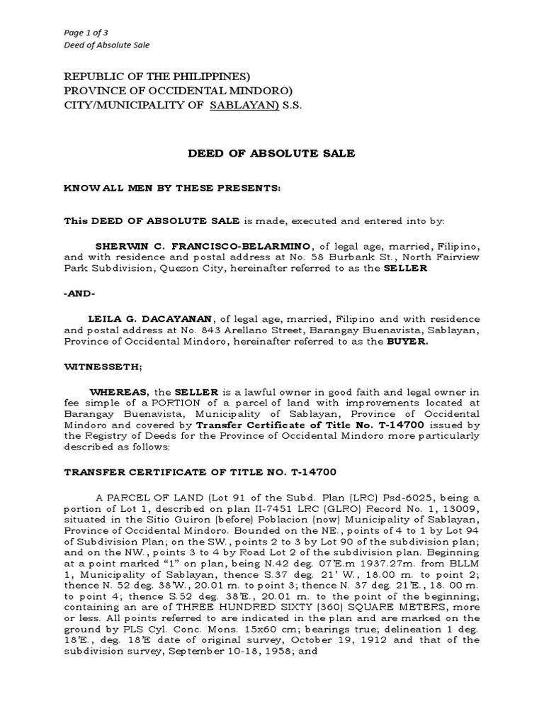 Deed of Sale of Parcel of Lot Leila Dacayanan PDF Land Lot
