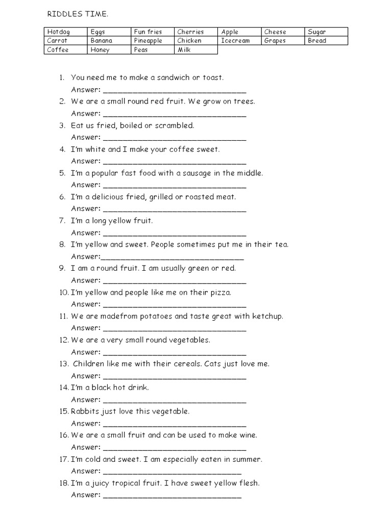 Fun Food Riddles for Kids | PDF | Cooking, Food & Wine