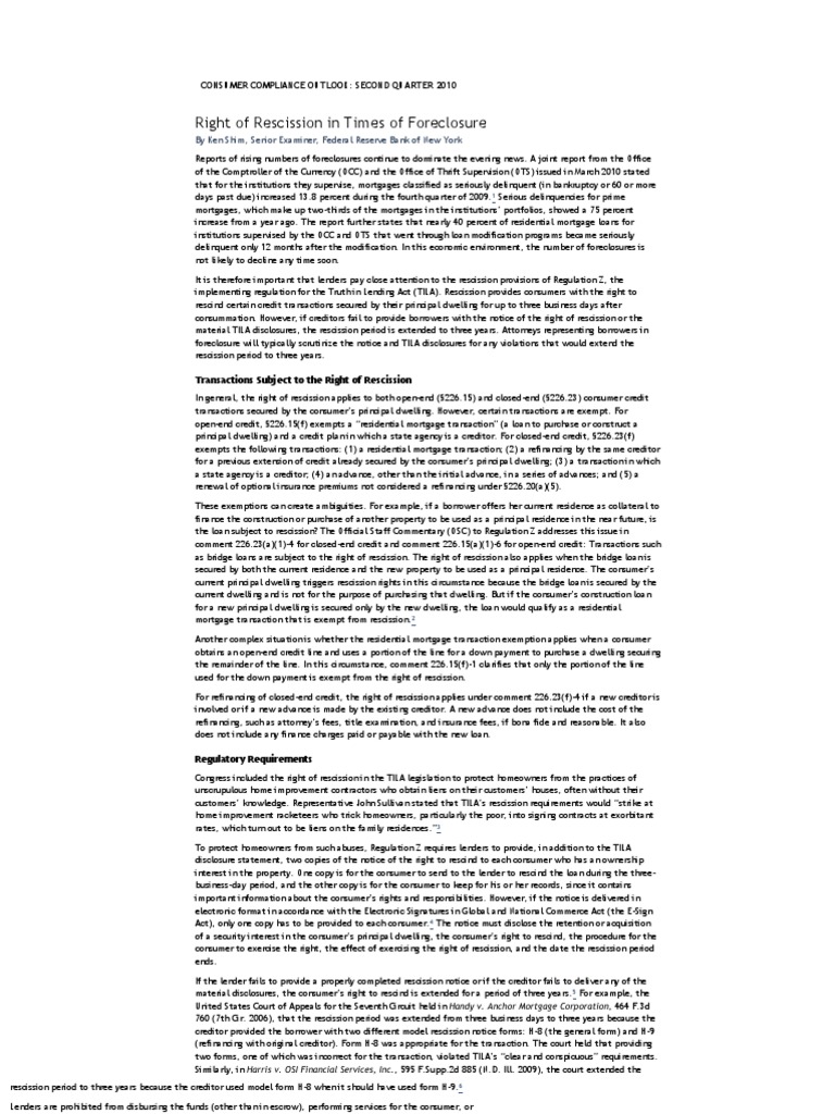 Right Of Rescission In Time Truth In Lending Act Annual