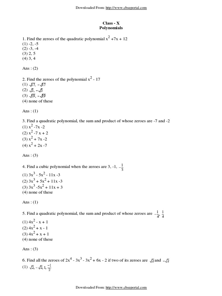 MCQ Class X Polynomials Question Answers (40) 1 | PDF | Polynomial ...