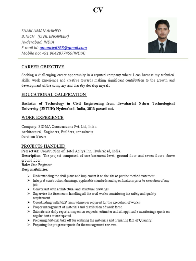 Civil Engineer CV - Shaik Uman Ahmed | PDF | Specification (Technical ...