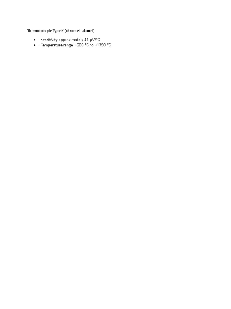 Thermocouple Type K (ChromelAlumel) Sensitivity Temperature Range PDF Thermocouple Quantity