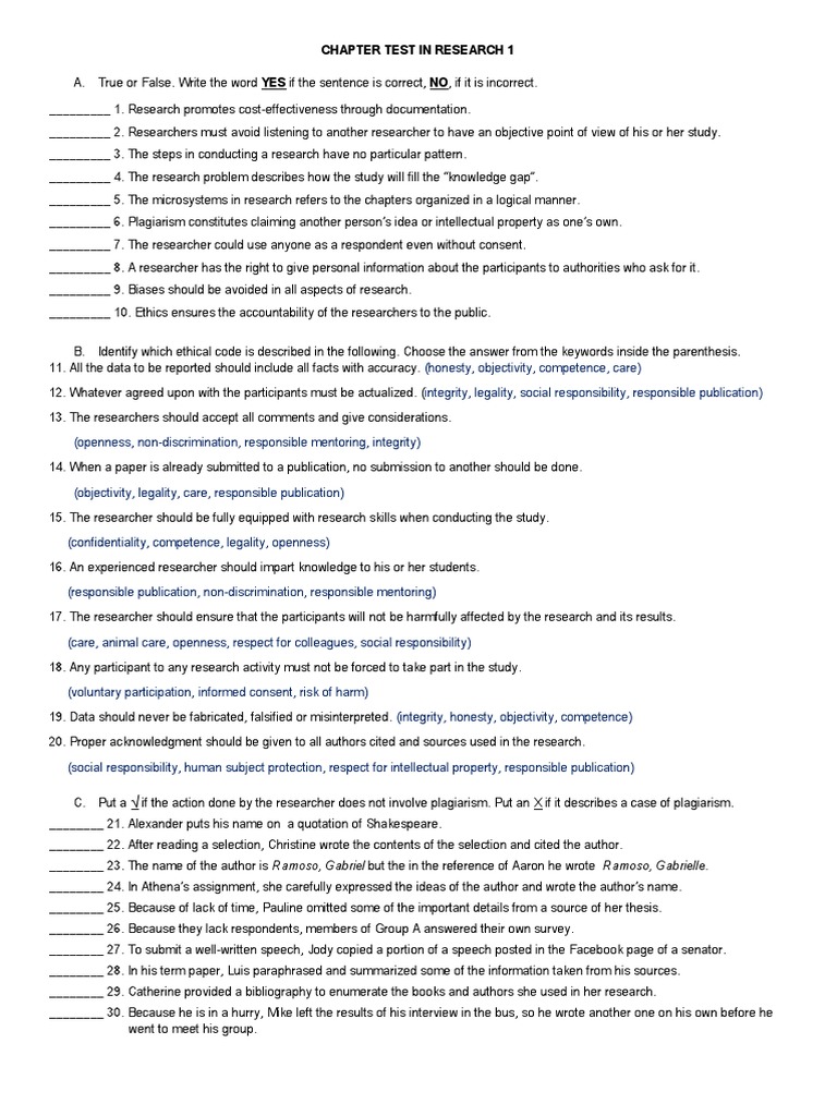 Research Ethics and Plagiarism Test | PDF | Integrity | Applied Ethics