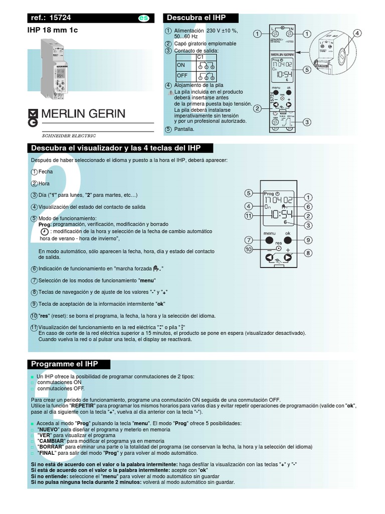 Merlin Gerin Multi 9 Ihp 1c 15354 Manual Ref. 15724, Interr Horario IHP, Merlin Gerin PDF | PDF | Lámpara  fluorescente | Bienes manufacturados