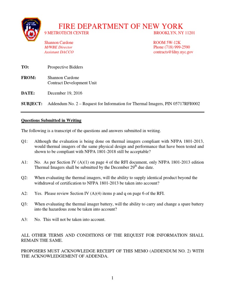 FDNY RFI Addendum for Thermal Imagers | PDF | Technology & Engineering