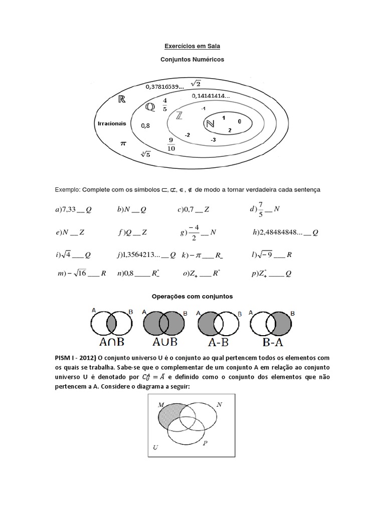 Exercícios Em Conjuntos Numéricos E Intervalos Reais Pdf Conjunto