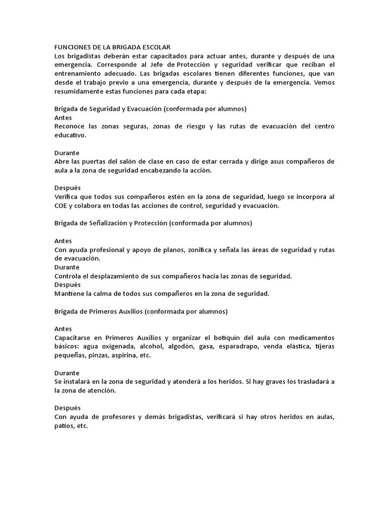 Funciones de las Brigadas Escolares | PDF