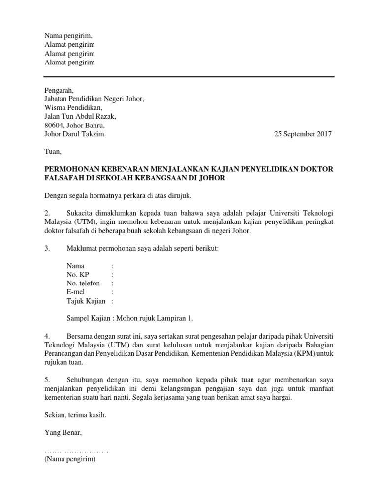 Contoh Surat Permohonan Kebenaran Menjalankan Kajian