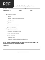 Daily Inspection Checklist: Walking Pallet Truck::: Operator's Name Signature Equipment ID #: Shift: Dept