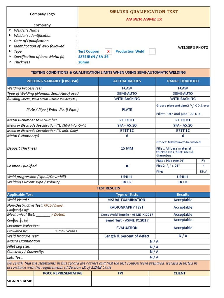 Welder's Qualification Test Template Welding Pipe (Fluid Conveyance)