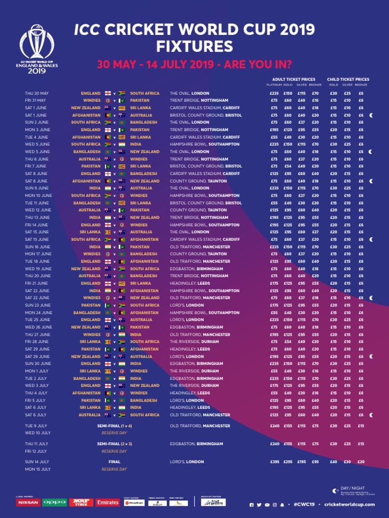 ICC World Cup Schedule Portrait With Prices | International Cricket ...