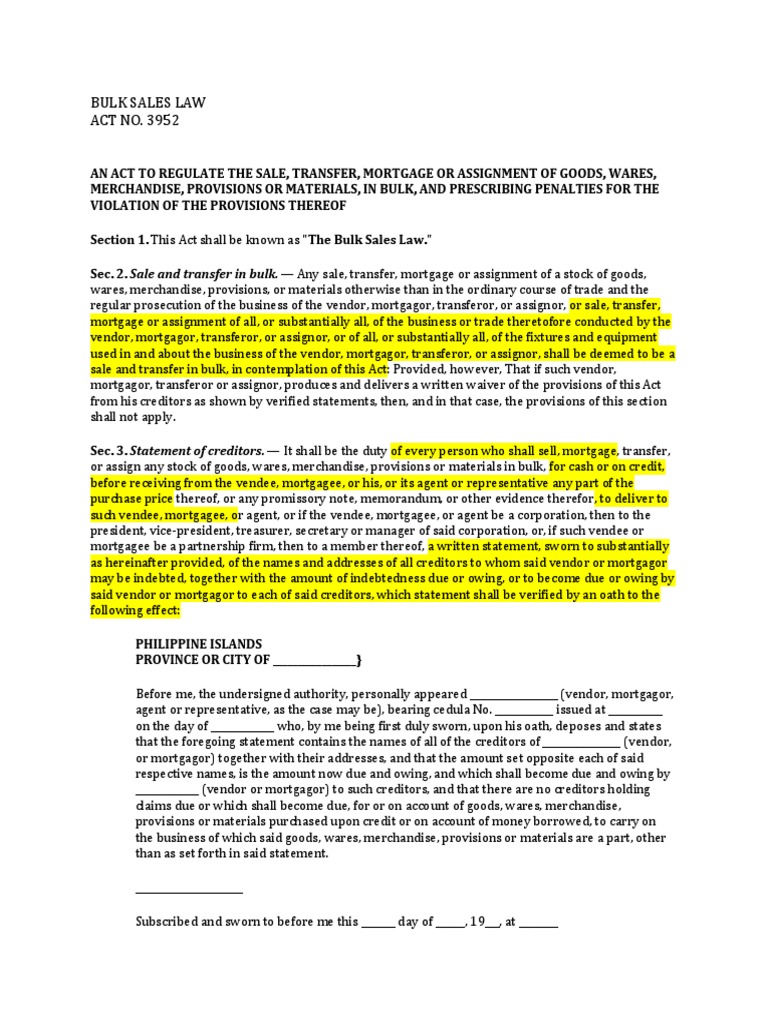 Bulk Sales Law PDF Mortgage Law Assignment (Law)