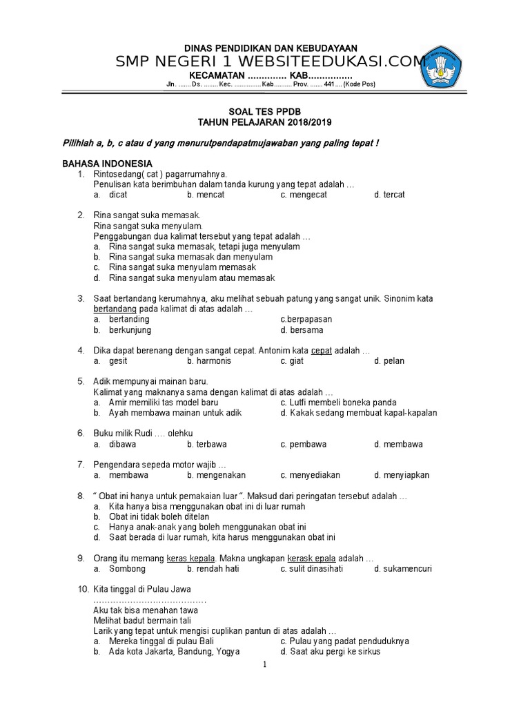 Soal Latihan Tes Masuk Mts