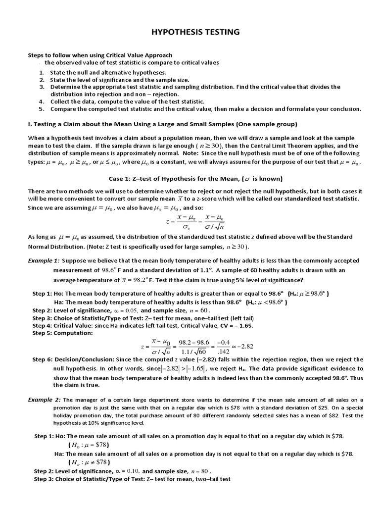 Hypothesis Testing Z and TTests PDF Statistical Hypothesis