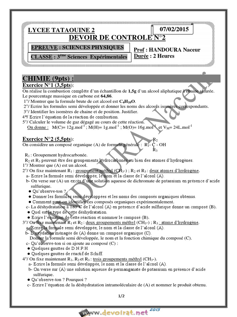 Devoir de Contrôle N°2 - Sciences physiques - 3ème Sciences exp 