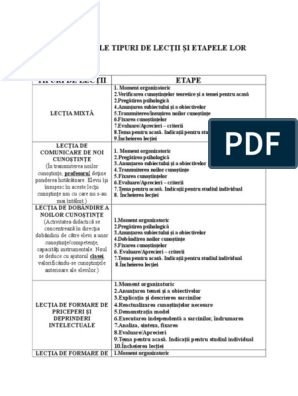 Principalele Tipuri De Lectii Si Etapele Lor