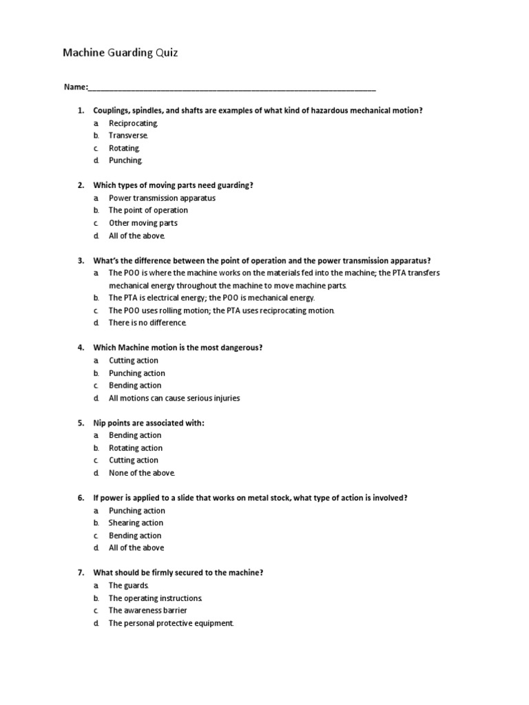 Machine Guarding Quiz PDF Machines Personal Protective Equipment