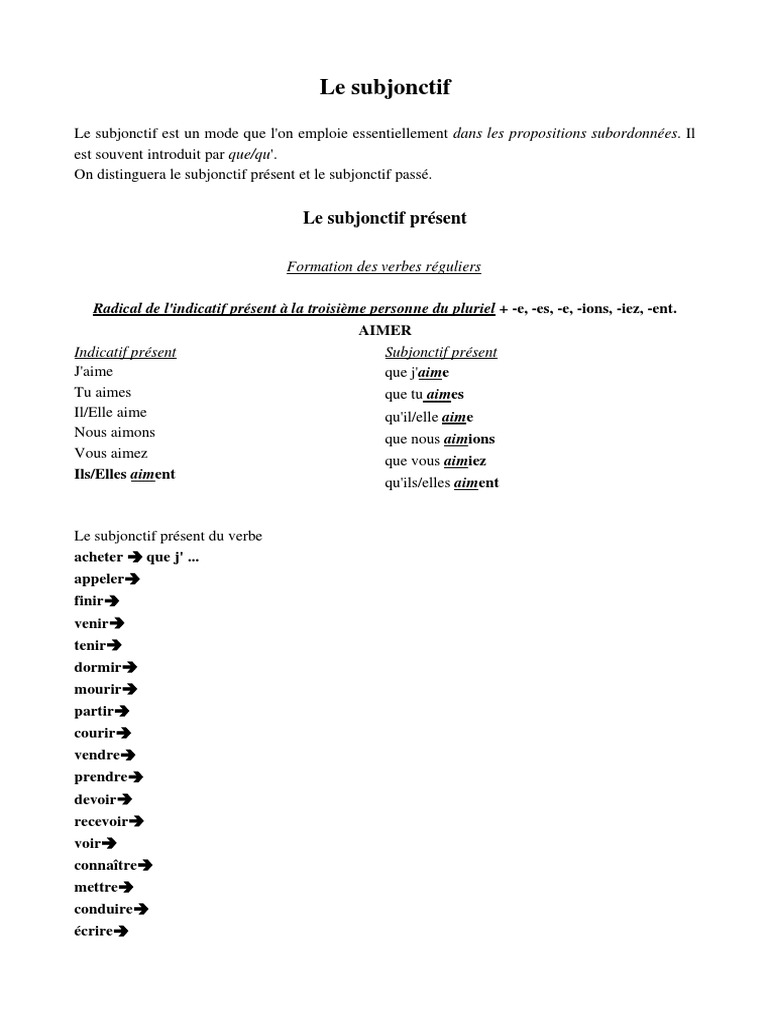 Plaire 2eme Personne Du Pluriel Subjonctif Passe Le Subjonctif 1 | PDF | Verbe | Conjugaison