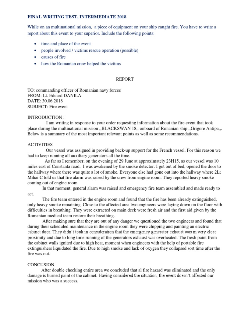 Final Writing Test, Intermediate 2018 | PDF | Fires | Armed Conflict