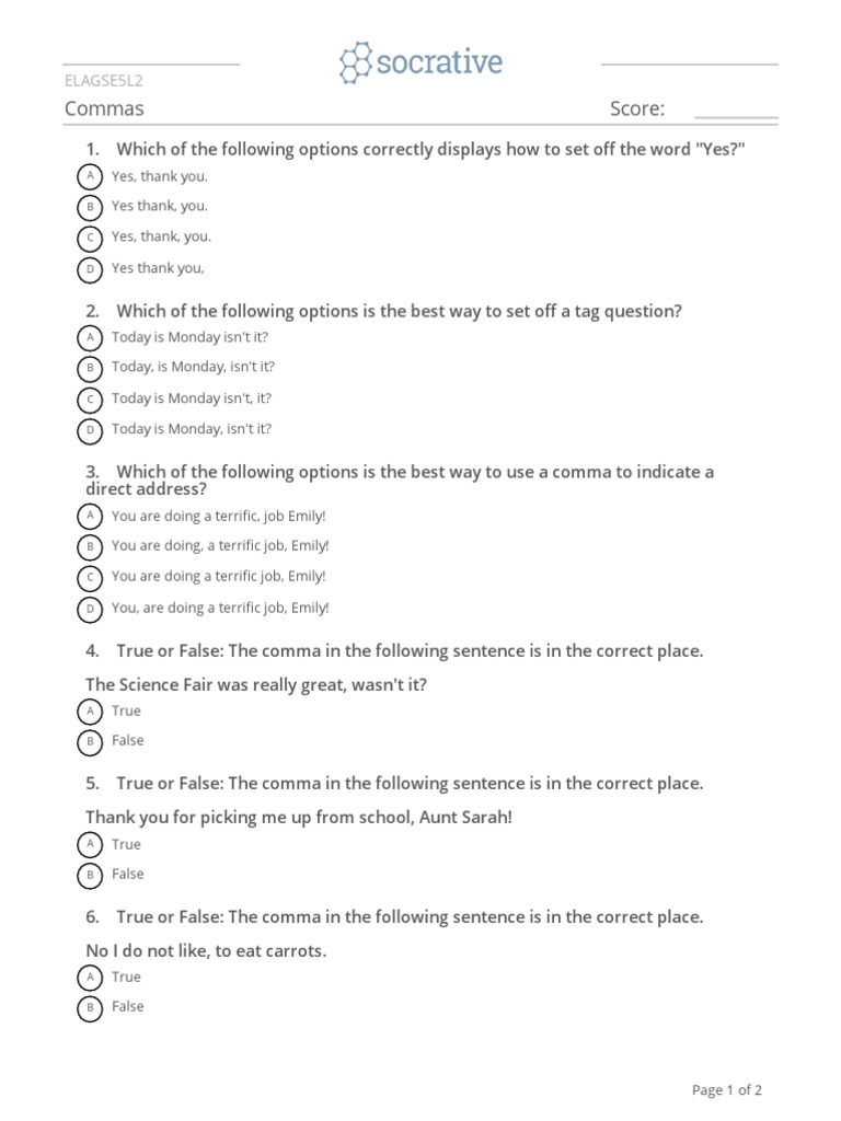 Quiz Commas-Socrative | PDF