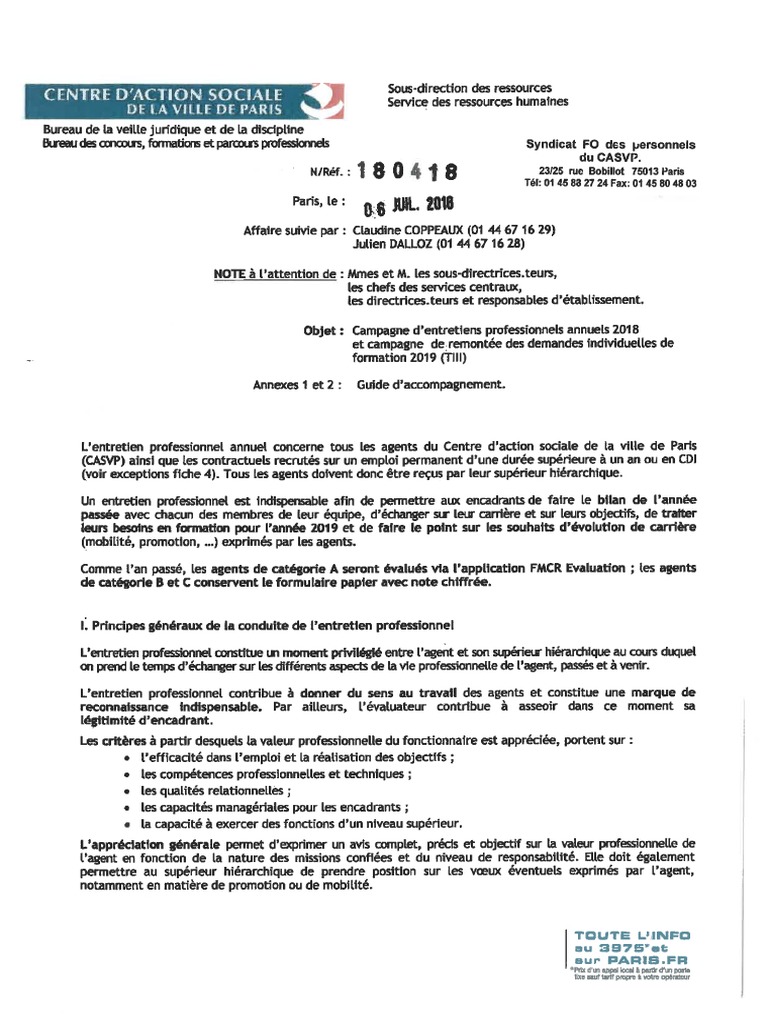 Note de Service Entretiens Professionnels Annuels 2018