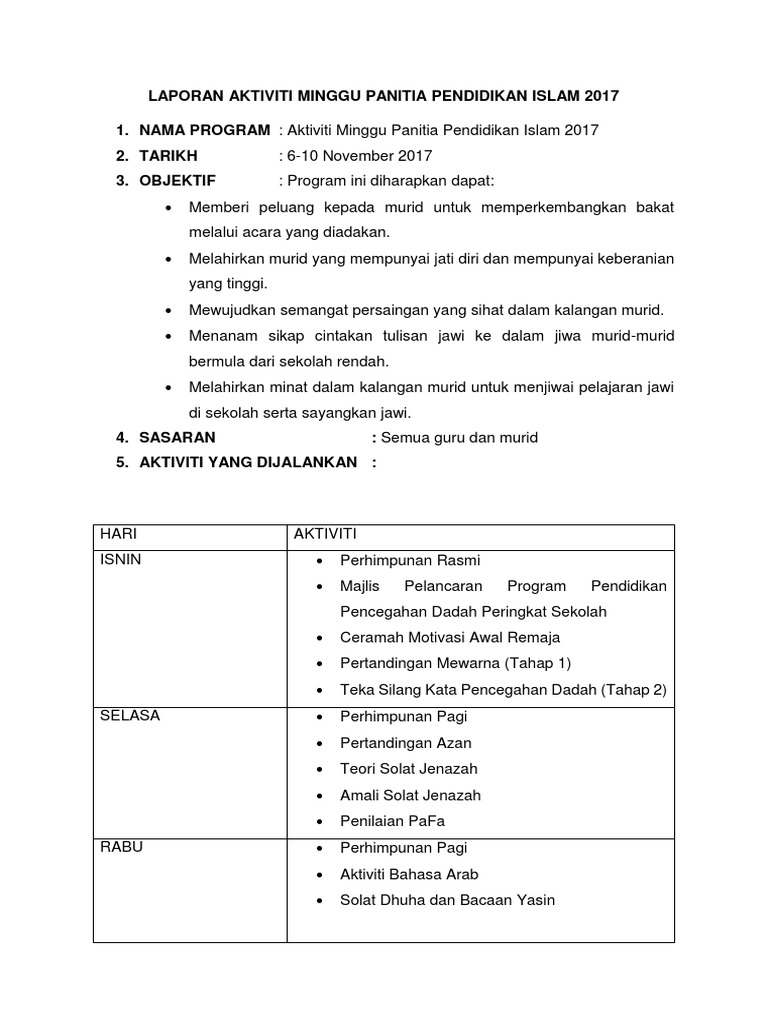 Laporan Aktiviti Minggu Panitia Pendidikan Islam 2017 Pdf