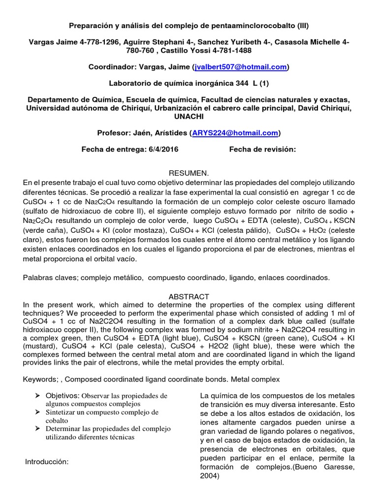 Lab 4 Complejo de Pentaaminclorocobalto III PDF Complejo de