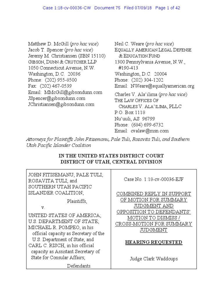 Fitisemanu, Plaintiffs' Reply in Support of Motion For Summary Judgment ...