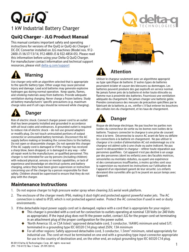 DeltaQ QuiQ BatteryCharger Product Manual JLG Chargeur (électricité) Prise électrique
