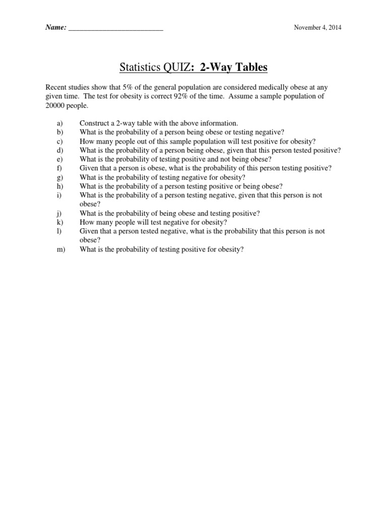 2Way Table QUIZ PDF