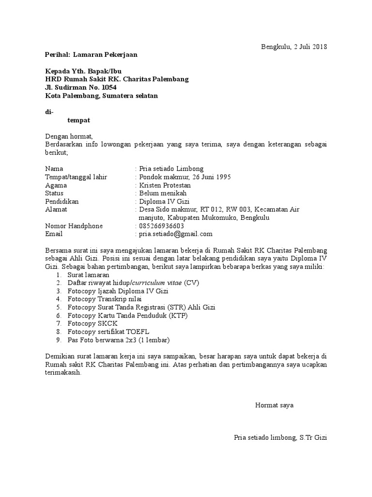 Lamaran Kerja Rs Charitas Plbg