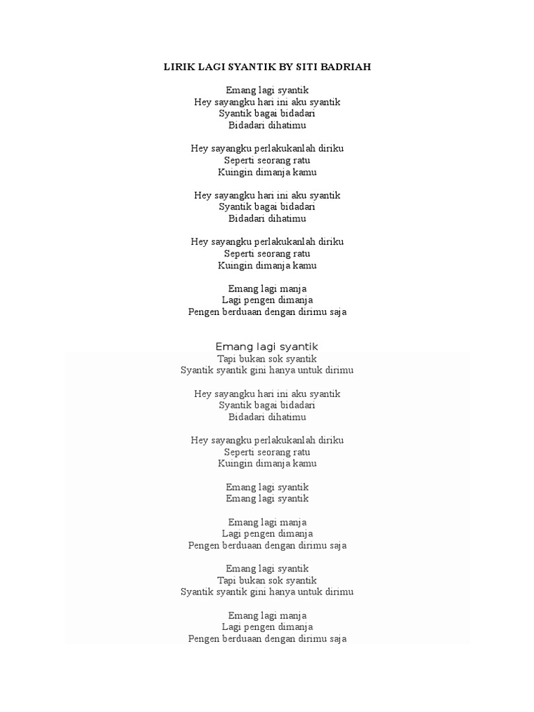 Lirik Lagi Syantik By Siti Badriah