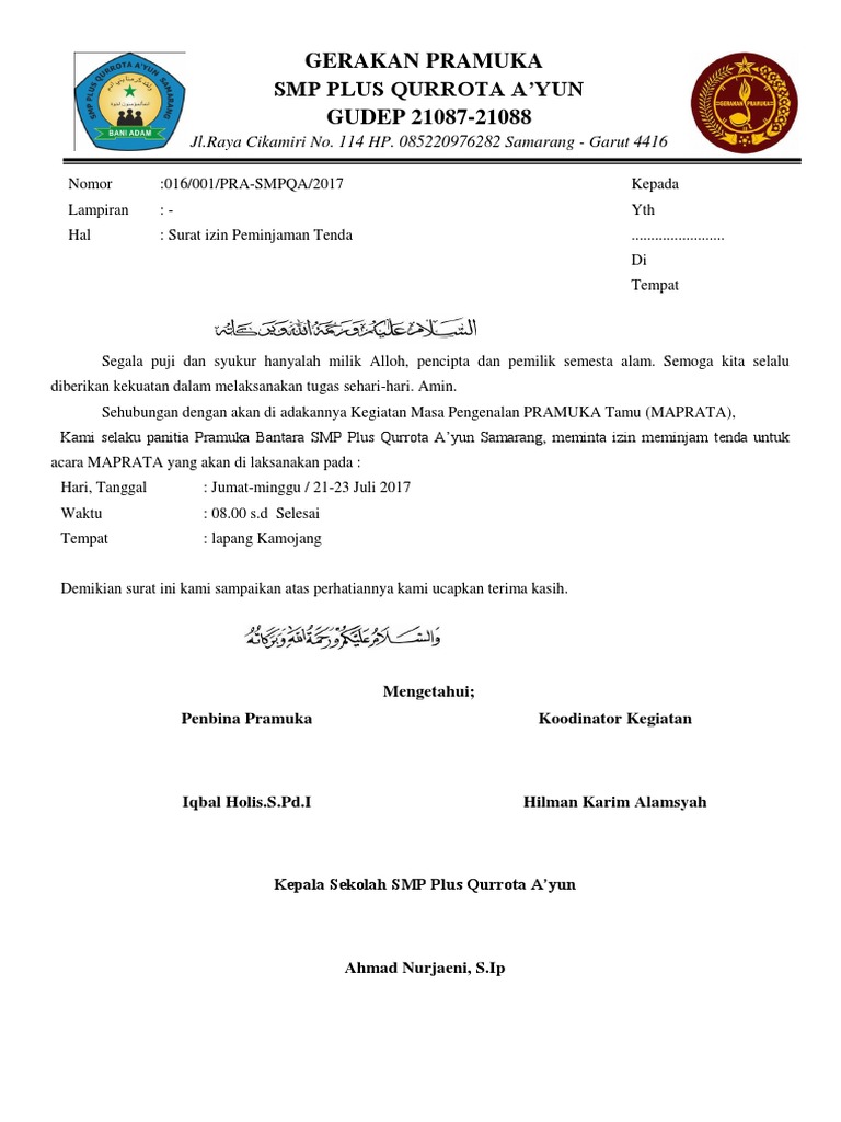 Surat Peminjaman Tenda Smp