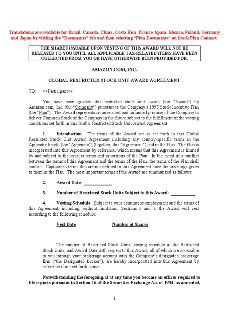 Amazon Stock RSU Global Agreement PDF Vesting Withholding Tax