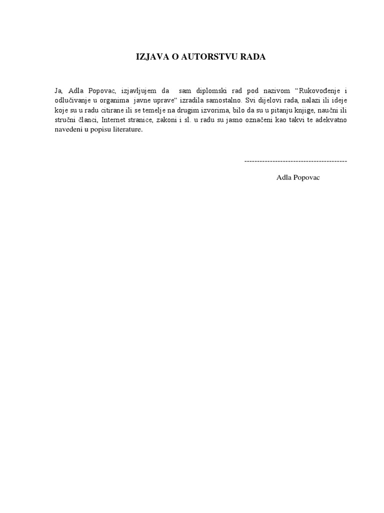 Izjava o Autorstvu Rada | PDF