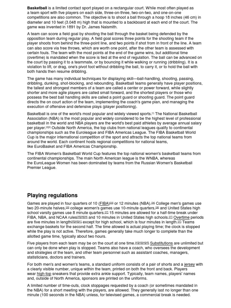Playing Regulations Basketball Is A Limited Contact Sport Played On A