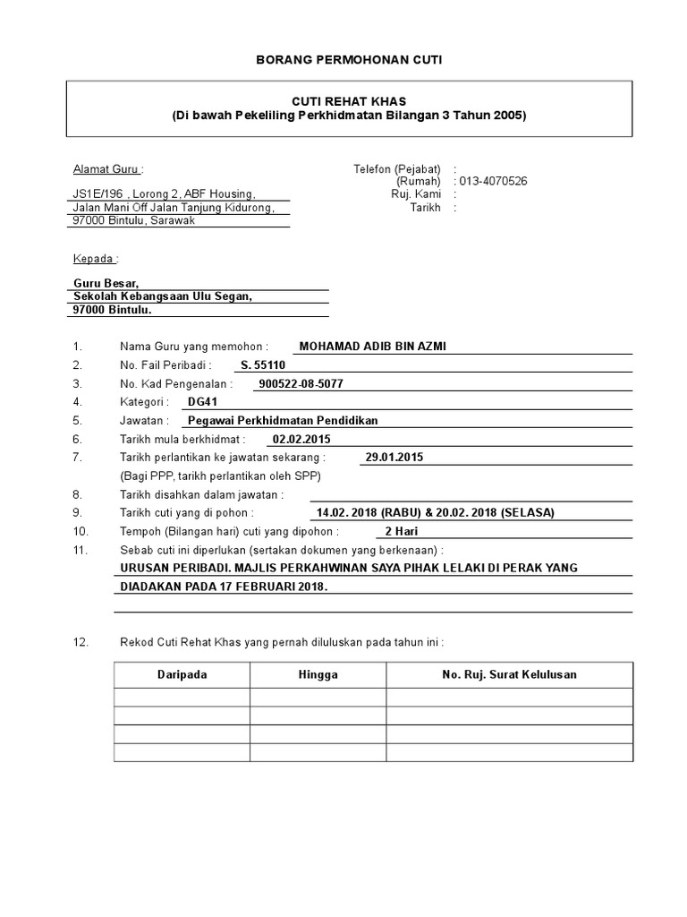 Borang Permohonan Cuti Rehat Khas Guru Pdf