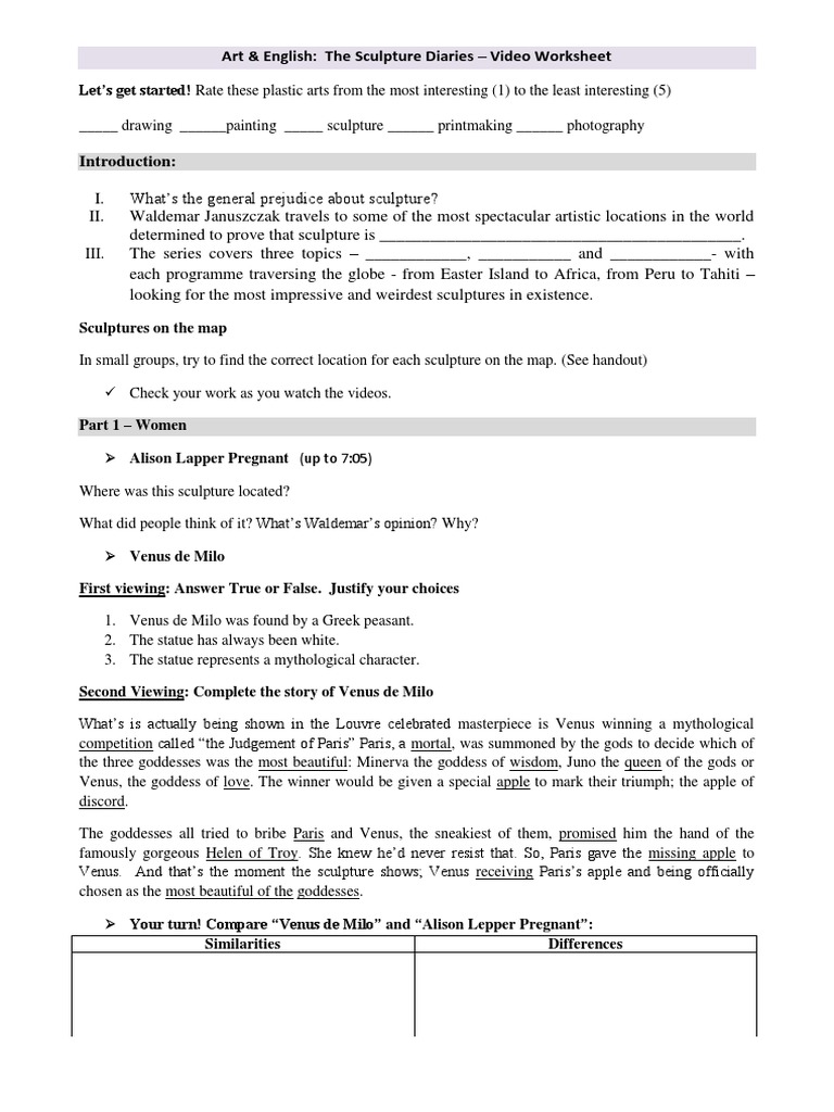 Sculpture Diaries Worksheet PDF Sculpture Deities