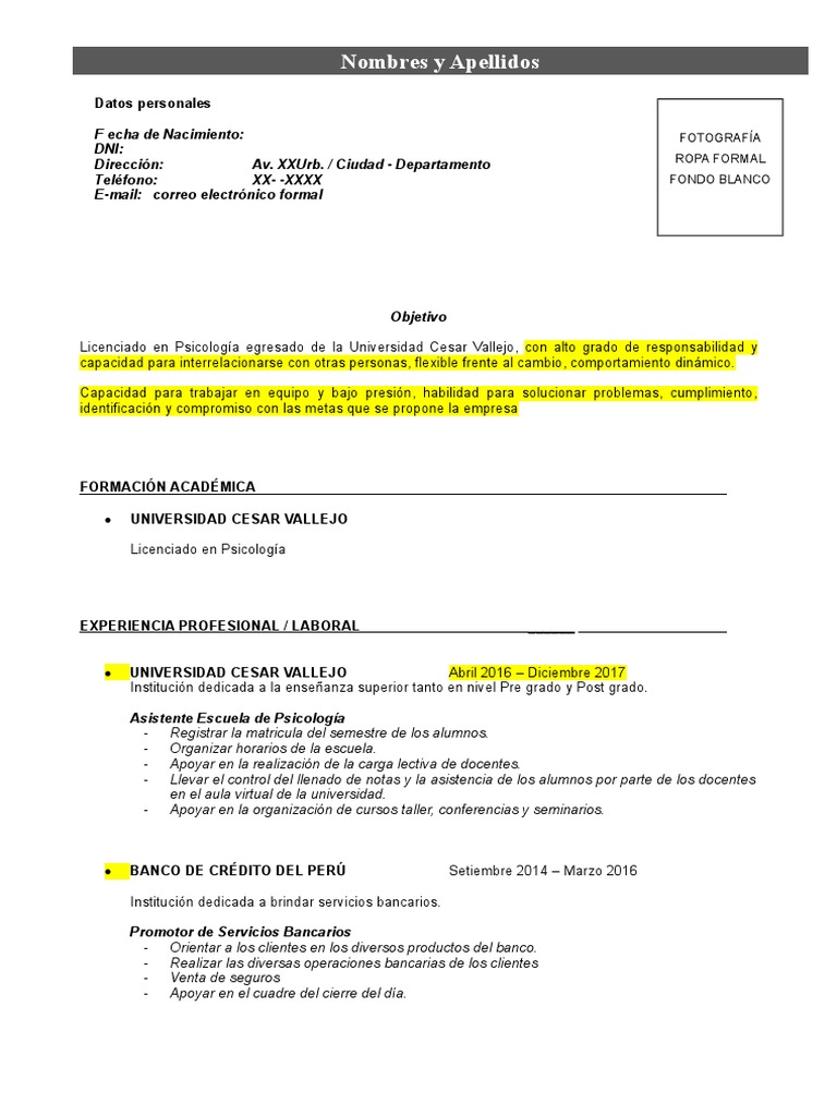 Formato de CV Ejemplo | PDF | Universidad | Sicología