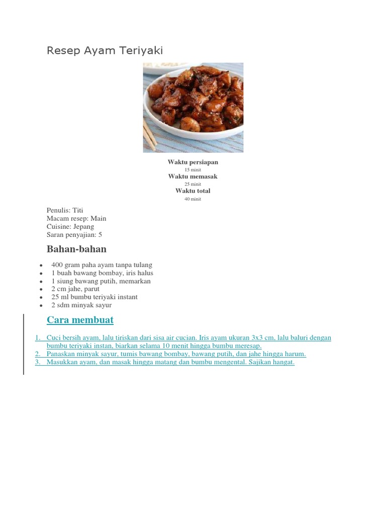 Resep Ayam Teriyaki Resep Ayam Teriyaki