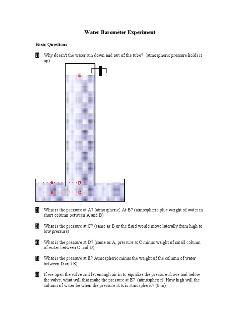 Water Barometer Experiment Basic Questions PDF Atmospheric