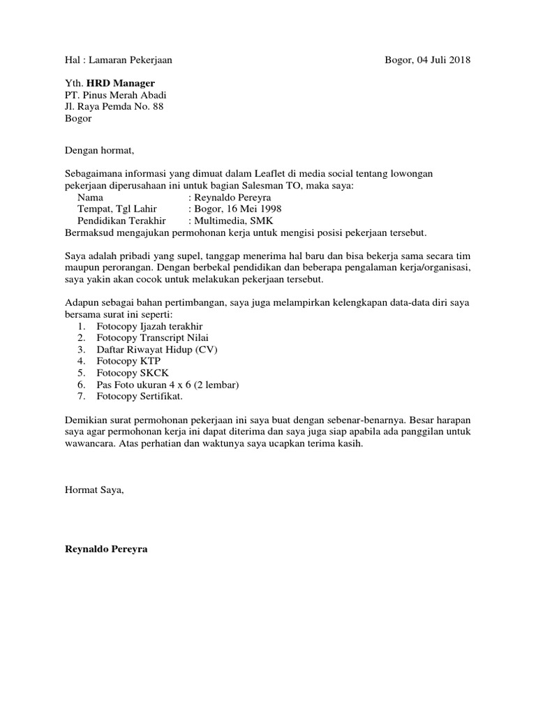 Contoh Surat Lamaran Kerja Umum 2