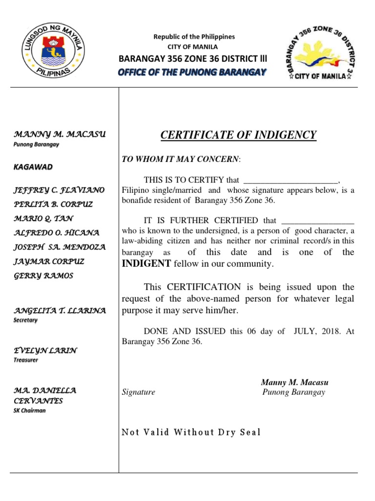 Certificate Of Indigency Sample
