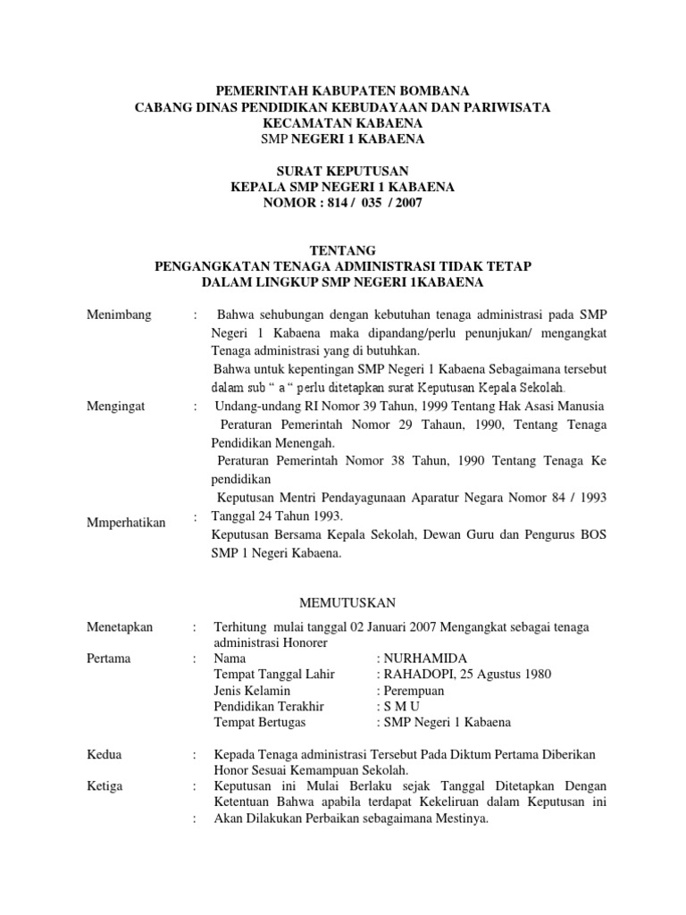 Contoh SK Pengangkatan Tenaga Administrasi PDF