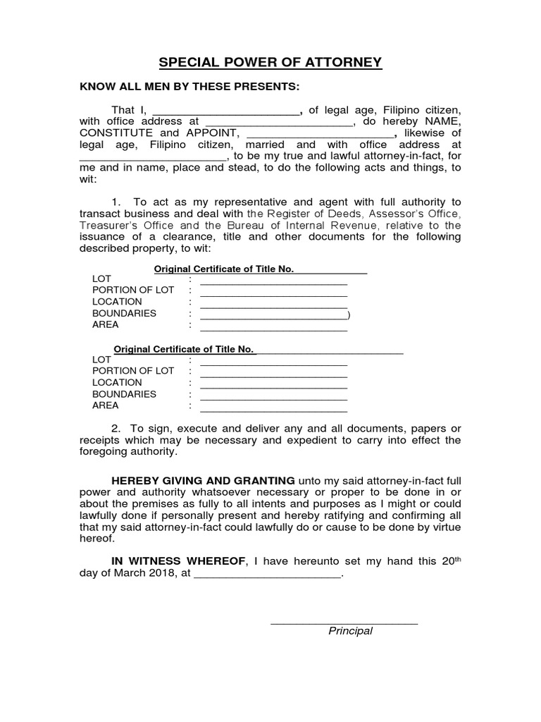 Special Power of Attorney for Title Transfer | PDF | Power Of Attorney ...
