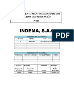 Indema, S.A.C: Procedimiento Mantenimiento de Los Equipos de Fabricación P-009
