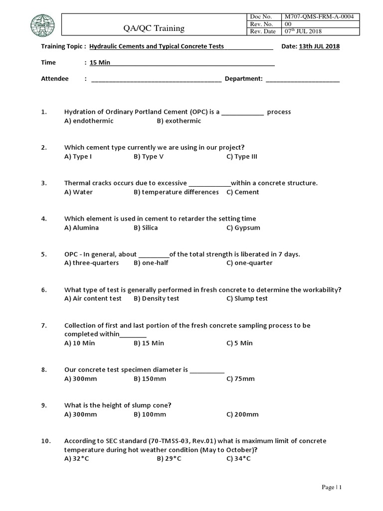 QA/QC Training: Doc No. M707-QMS-FRM-A-0004 Rev. No. 00 Rev. Date 07 ...