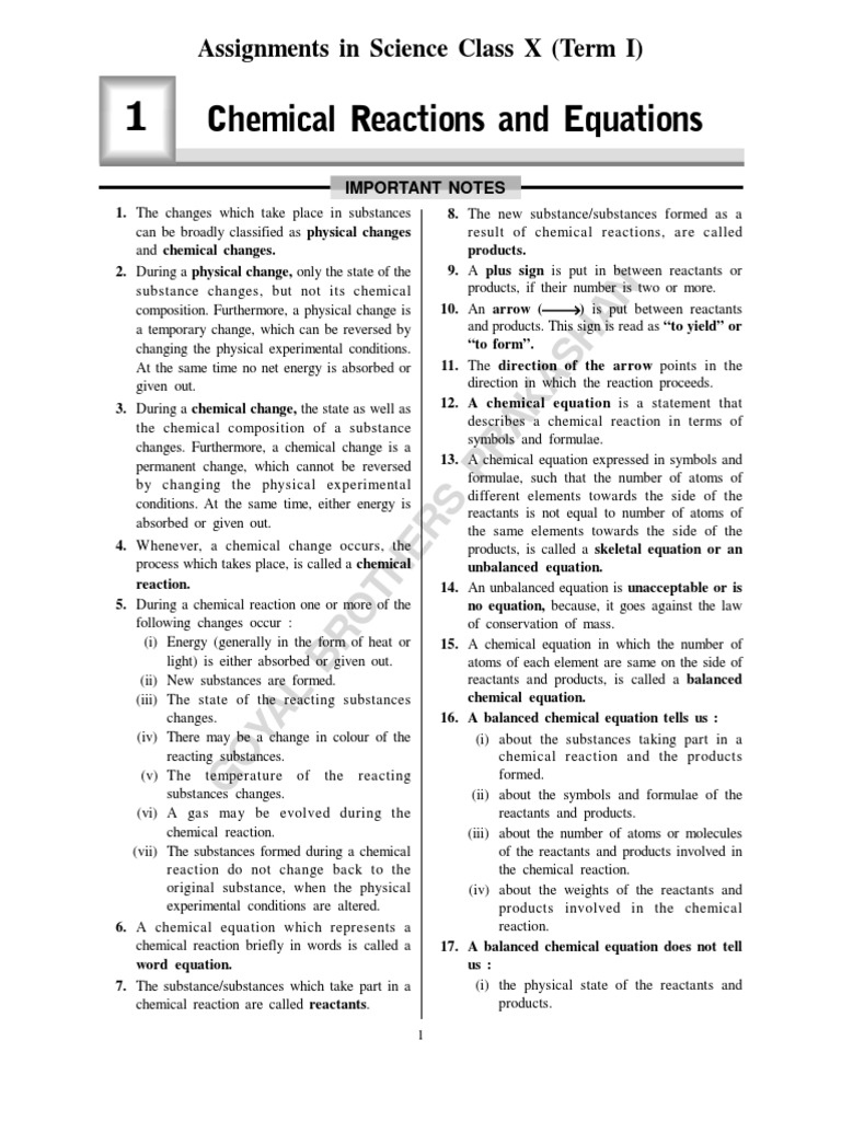Chemical Reactions and Equations Assignments in Science Class X (Term