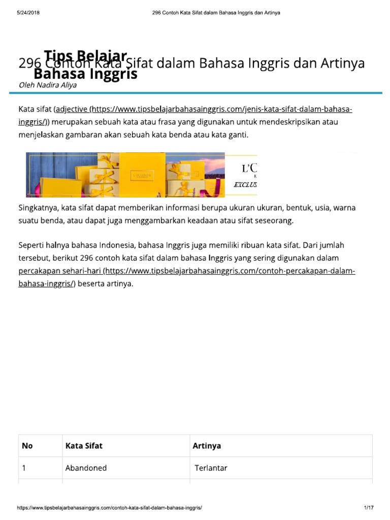 296 Contoh Kata Sifat Dalam Bahasa Inggris Dan Artinya